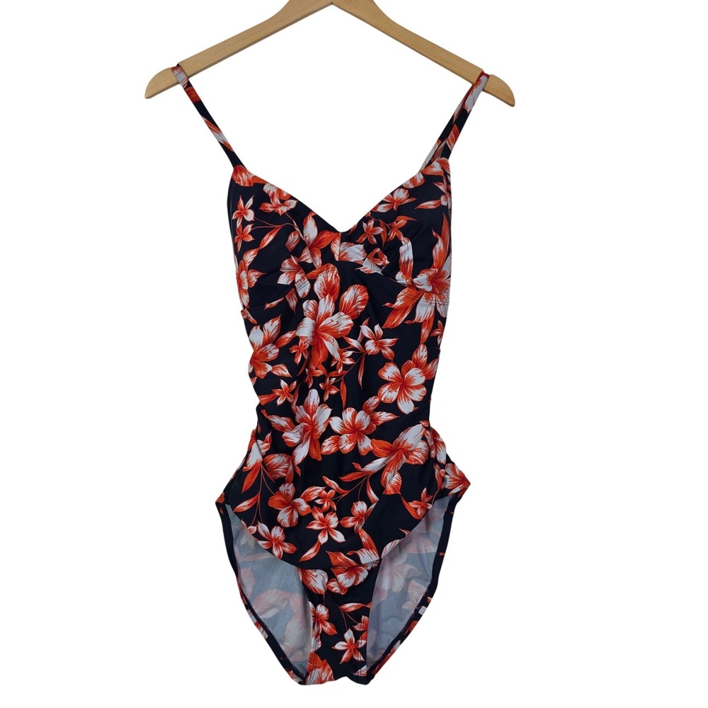 Merona Womens Swimsuit Large Navy Blue Floral Ruched Keyhole One Piece Swimwear